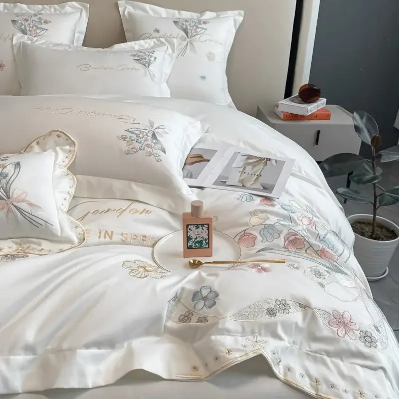 Chic flowers embroidery princess bedding set for bedroom white satin