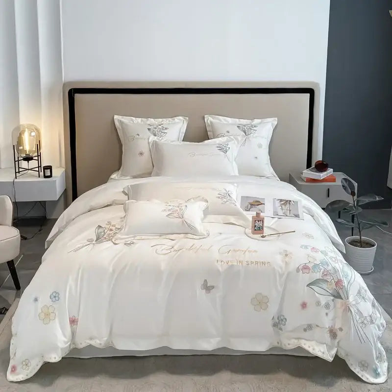 Chic flowers embroidery princess bedding set for bedroom white satin
