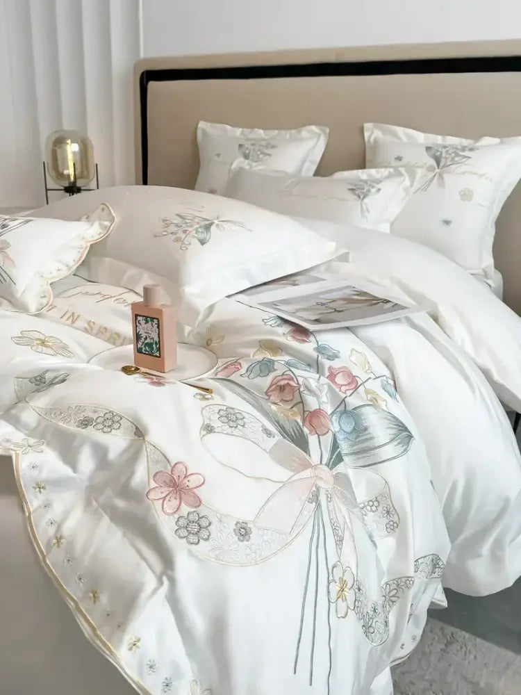Chic flowers embroidery princess bedding set for bedroom white satin