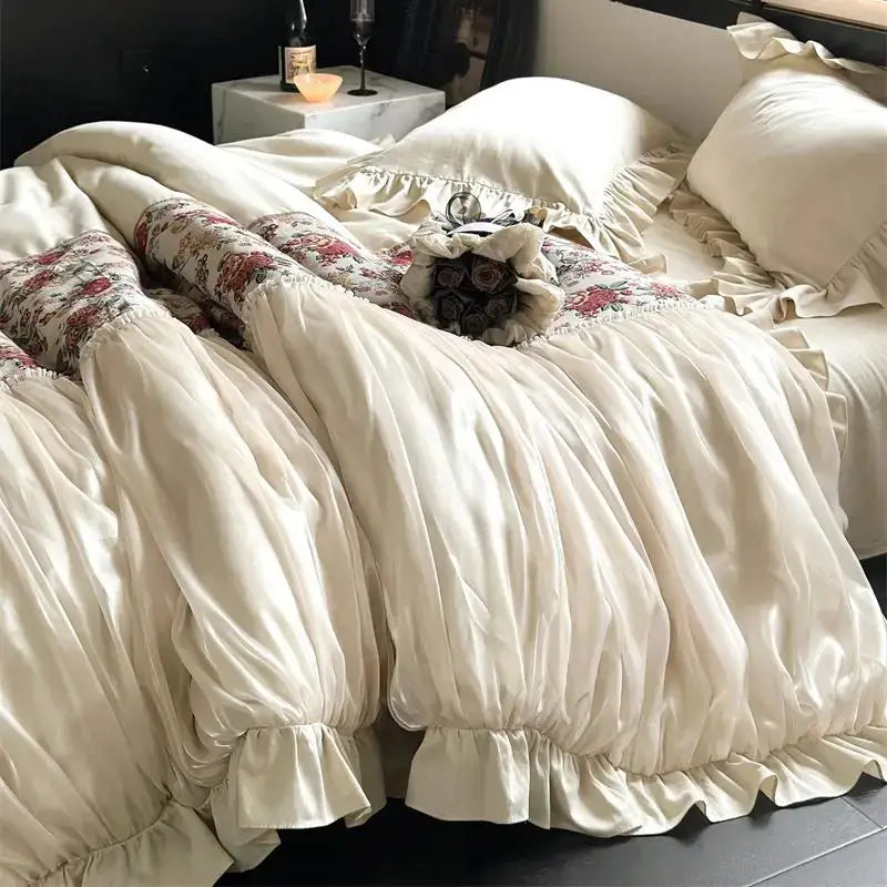 Chic cream flowers jacquard cotton bedding set for bedroom ruffles