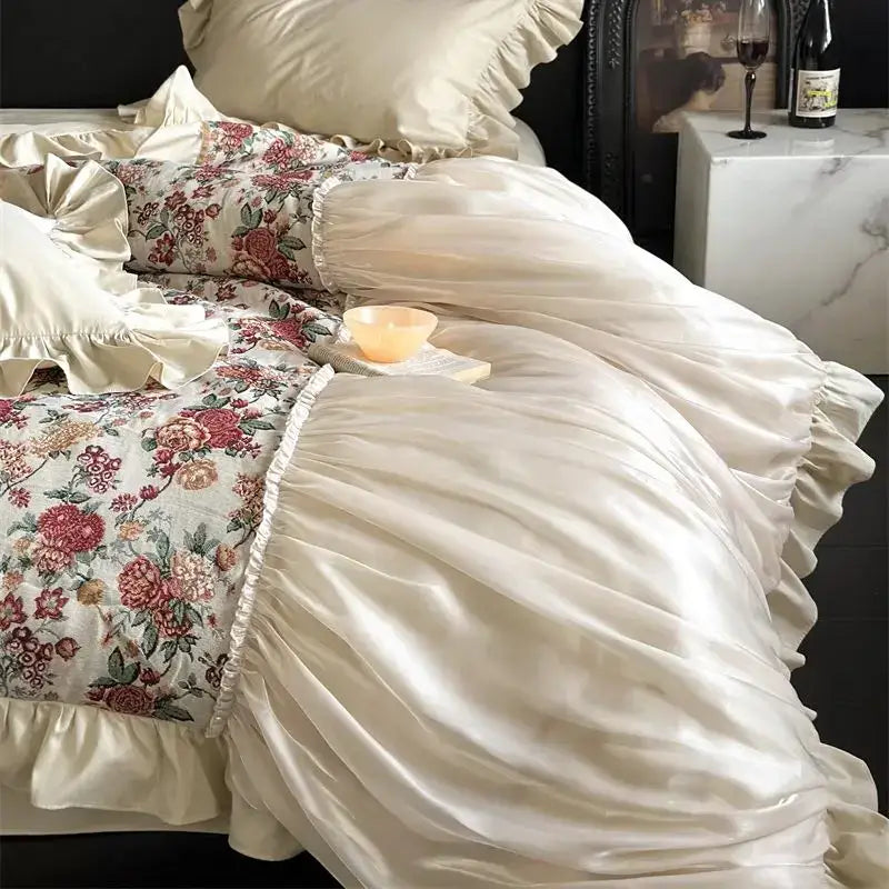 Chic cream flowers jacquard cotton bedding set for bedroom ruffles