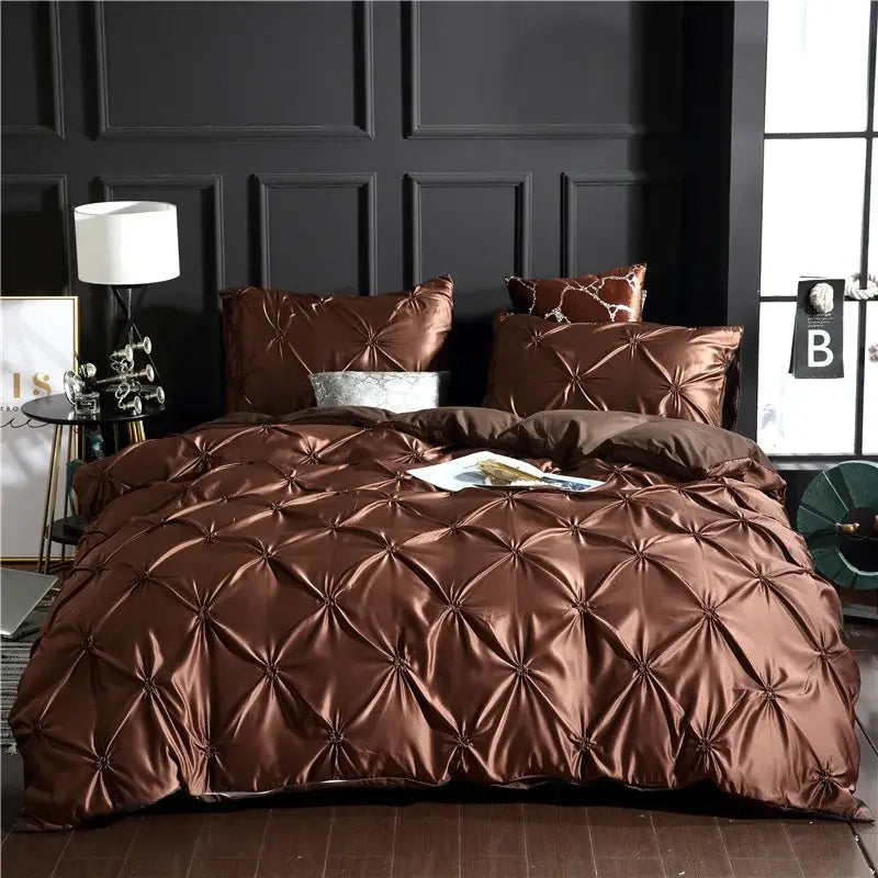 Bronze satin quilted chiffon flower duvet cover set bedroom bedding