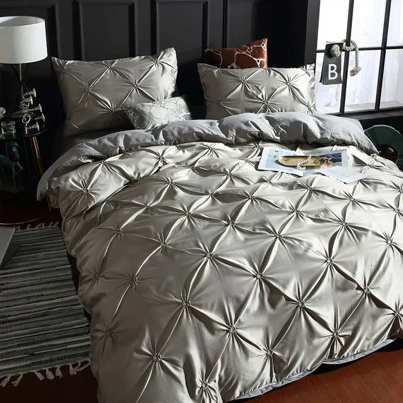 Bronze satin quilted chiffon flower duvet cover set bedroom bedding