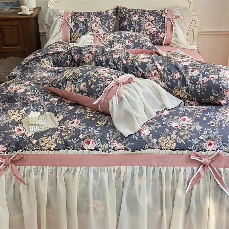 Princess pink & cream chiffon lace ruffles bedding set bedroom