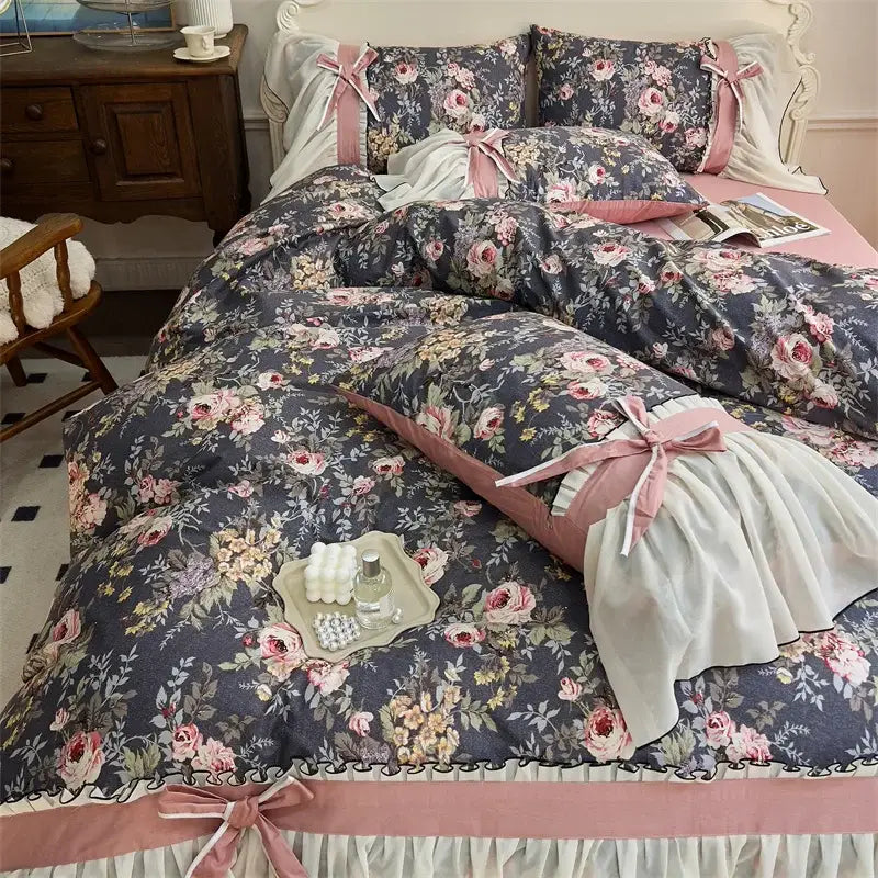 Princess pink & cream chiffon lace ruffles bedding set bedroom