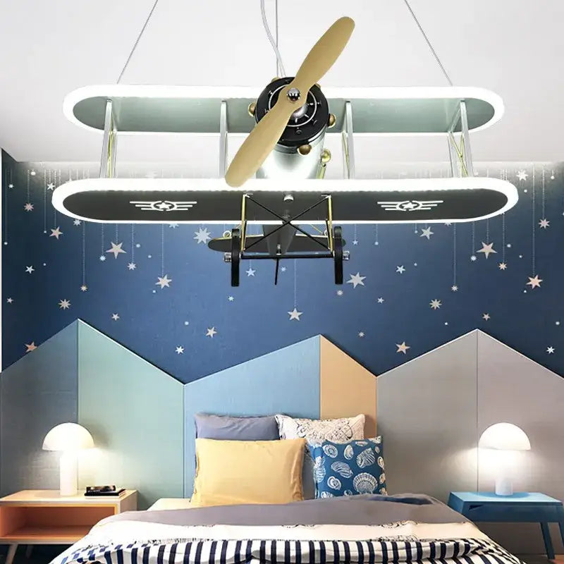 Yellow & silver biplane aircraft led chandelier for boys bedroom