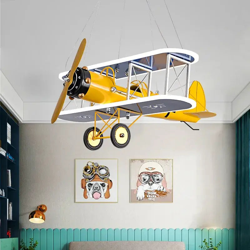 Yellow & silver biplane aircraft led chandelier for boys bedroom