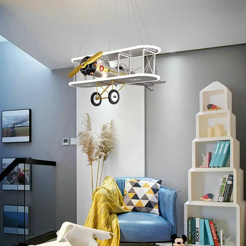 Yellow & silver biplane aircraft led chandelier for boys bedroom