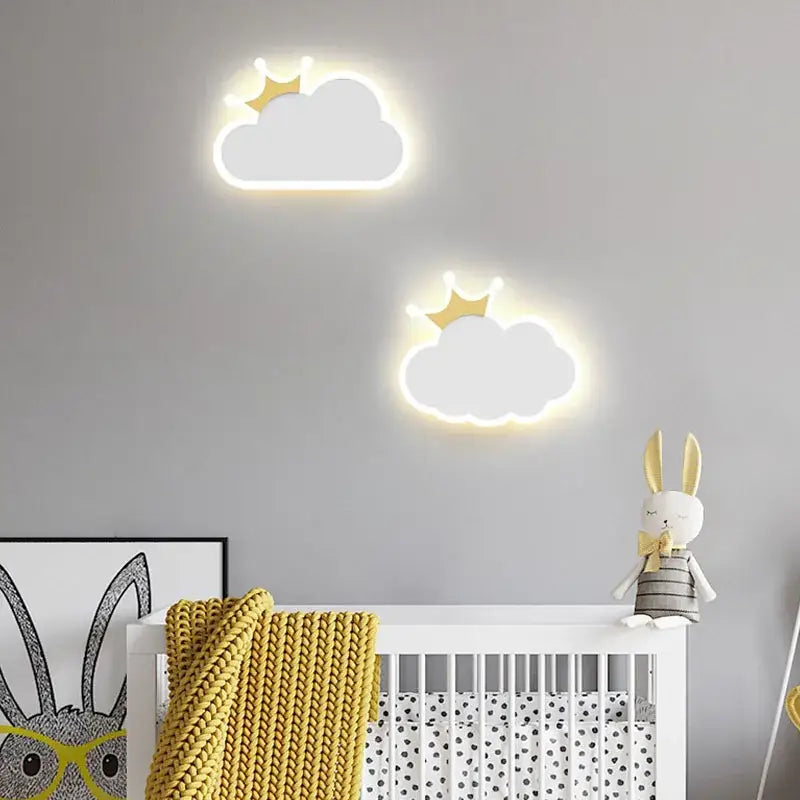 Whimsical crown clouds rocket night light bedroom wall sconce
