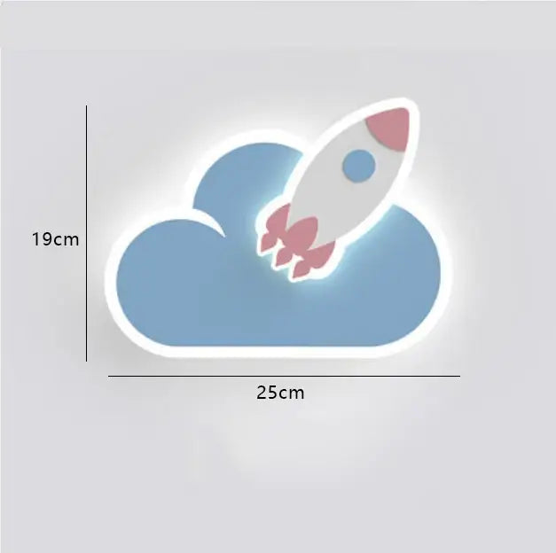 Whimsical crown clouds rocket night light bedroom wall sconce
