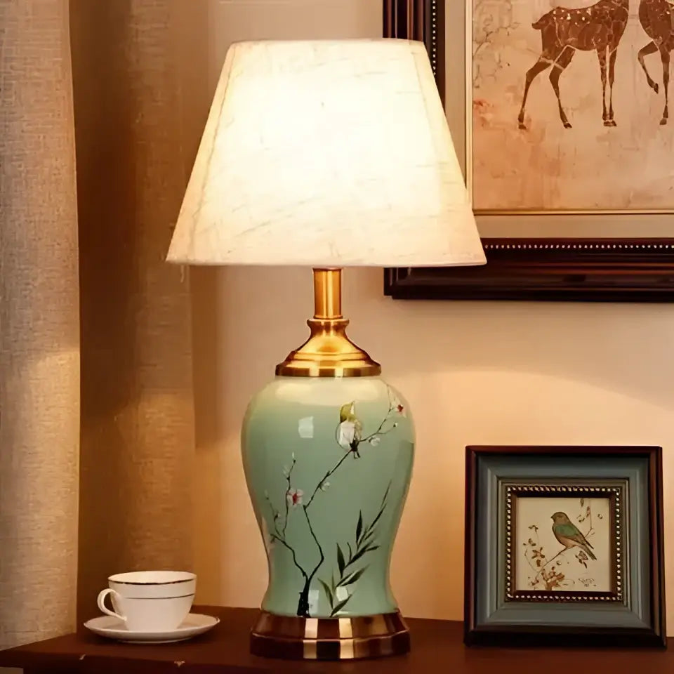 Chinese bird and floral ceramic table lamp cream & blue bedroom