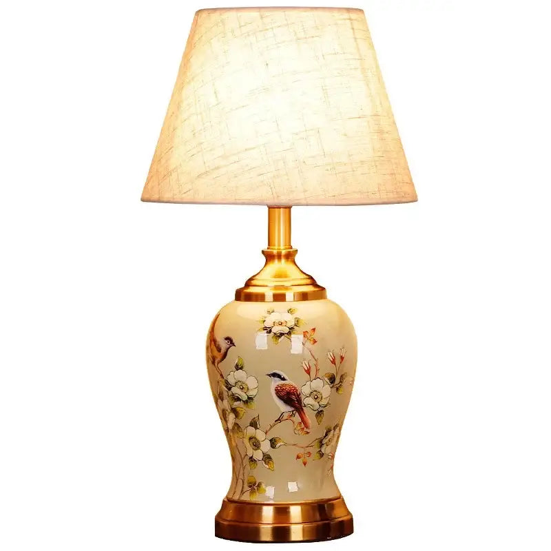 Chinese bird and floral ceramic table lamp cream & blue bedroom