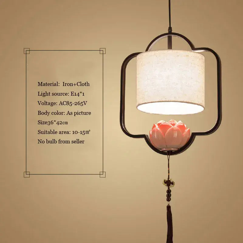 Chinese lotus cloth chandelier cream & black bedroom pendant light