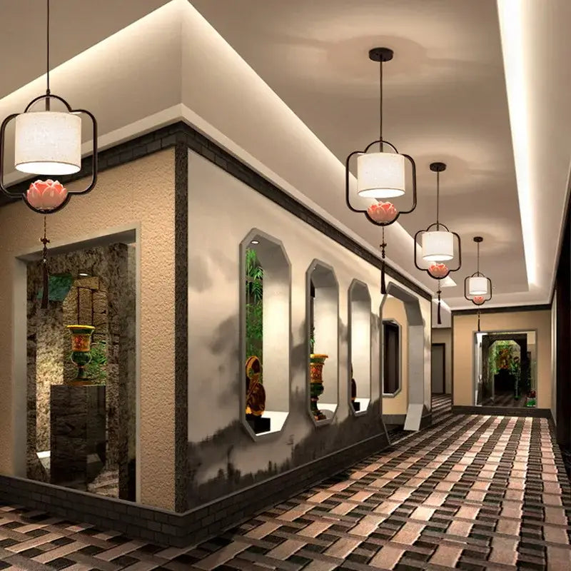 Chinese lotus cloth chandelier cream & black bedroom pendant light