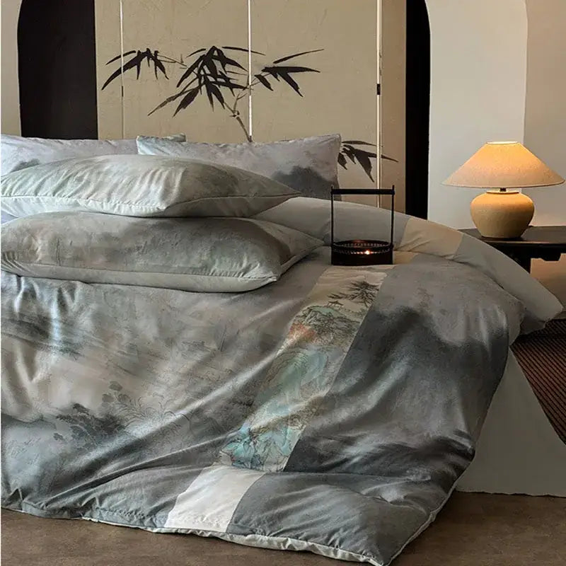 Chinese ink wash silk printing bedding set – grey & blue bedroom duvet