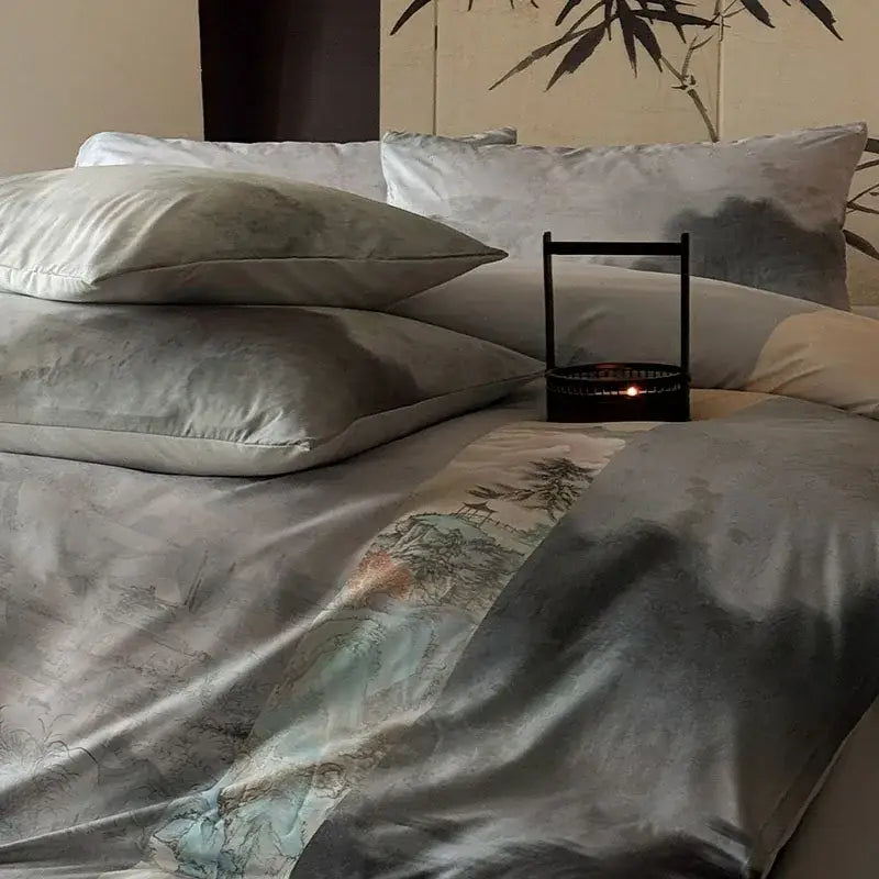 Chinese ink wash silk printing bedding set – grey & blue bedroom duvet