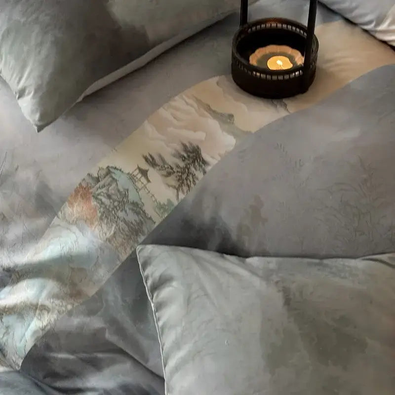 Chinese ink wash silk printing bedding set – grey & blue bedroom duvet