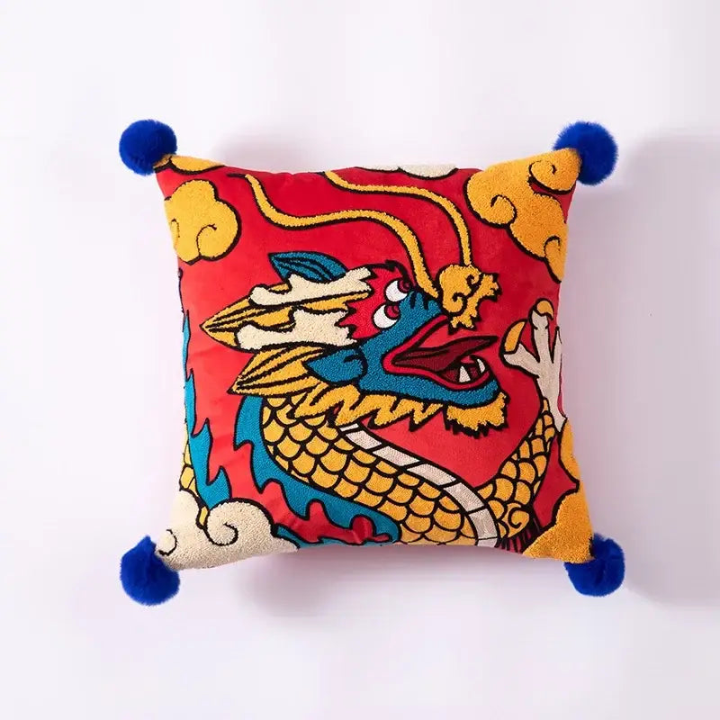 Festive red dragon embroidered cushion cover living room decor