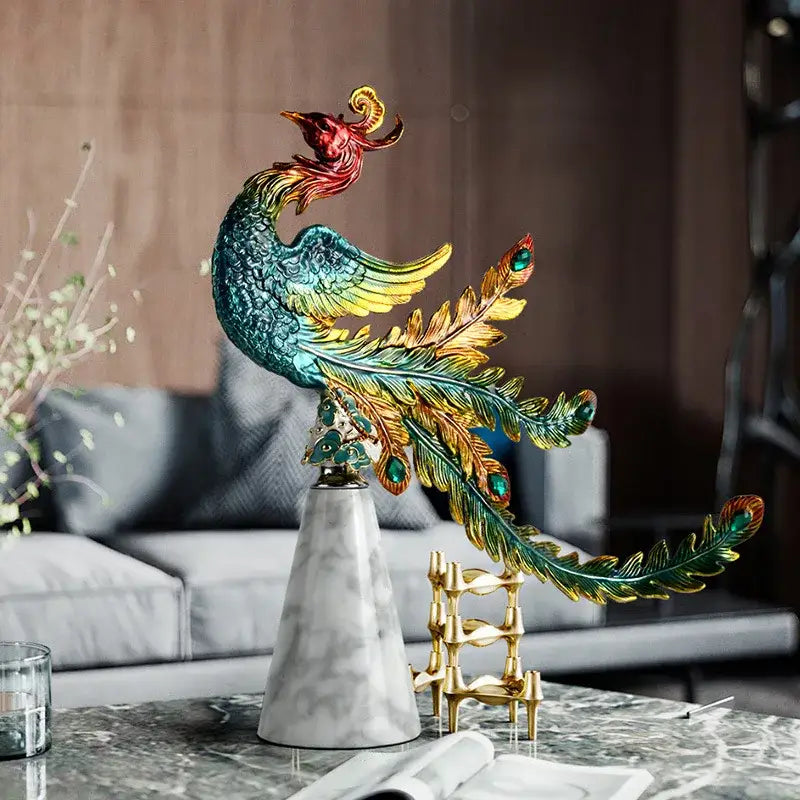 Teal and gold chinese dragon phoenix decor study sculpture