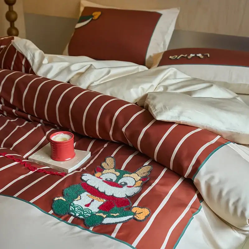 Cartoon reindeer red & white embroidered cotton bedding set bedroom