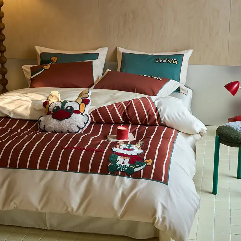 Cartoon reindeer red & white embroidered cotton bedding set bedroom