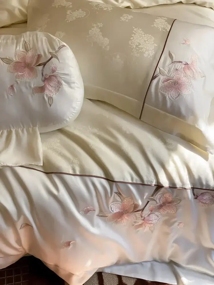 Cream chinese floral embroidery lyocell cotton bedding set bedroom