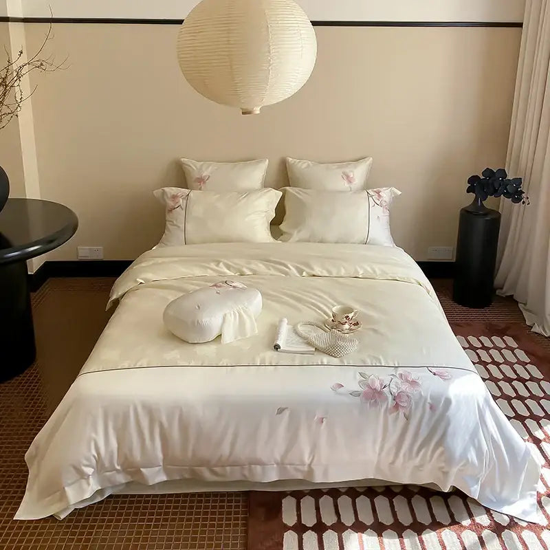Cream chinese floral embroidery lyocell cotton bedding set bedroom
