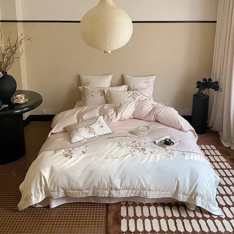 Luxury chinese flowers embroidery ivory bedding set bedroom duvet cover
