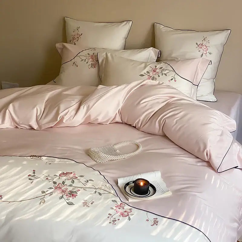 Luxury chinese flowers embroidery ivory bedding set bedroom duvet cover