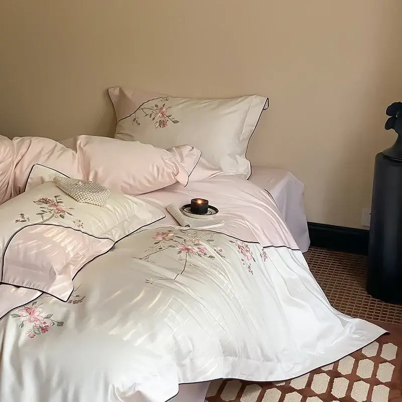 Luxury chinese flowers embroidery ivory bedding set bedroom duvet cover