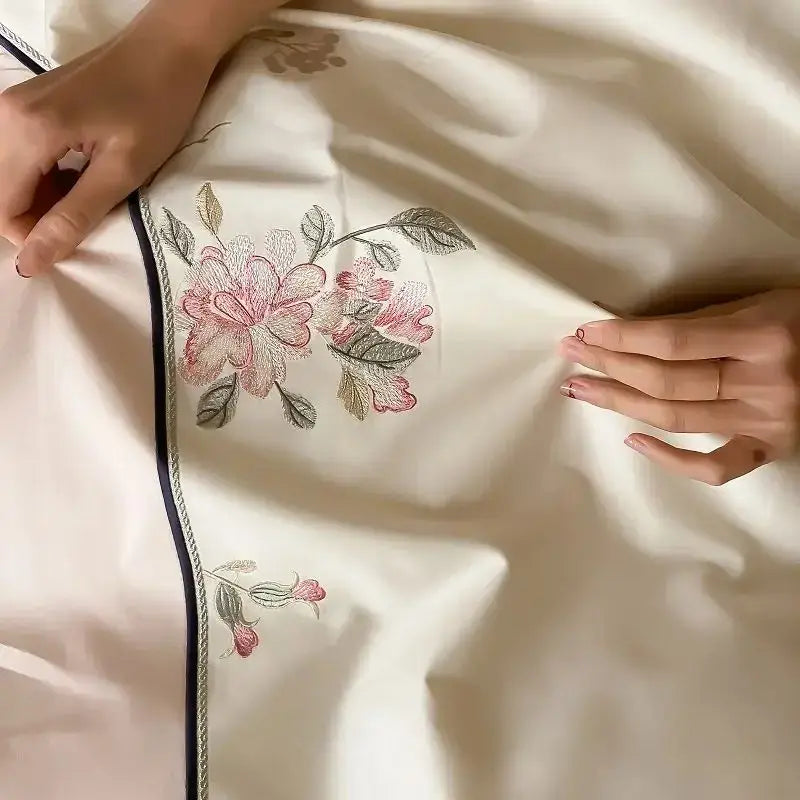Luxury chinese flowers embroidery ivory bedding set bedroom duvet cover