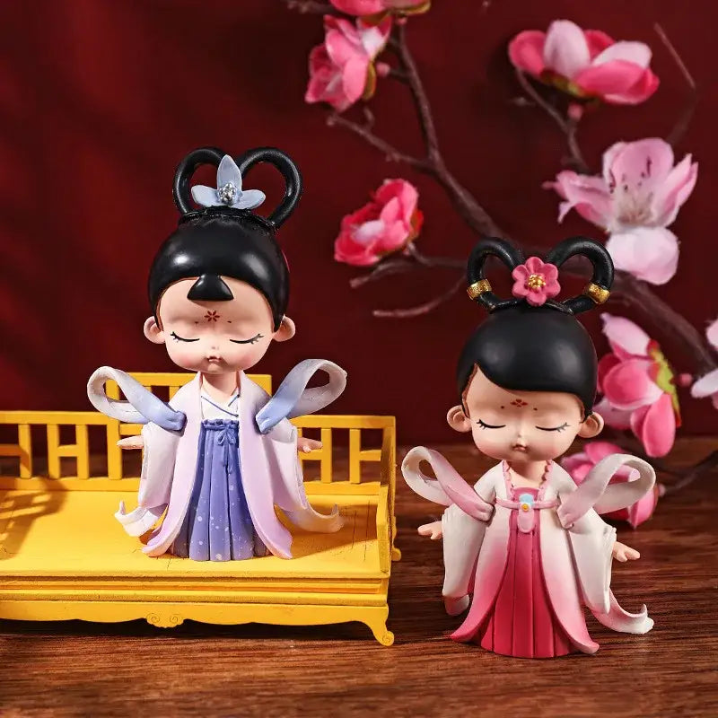 Pink and white hanfu court princess resin statue bookshelf decor