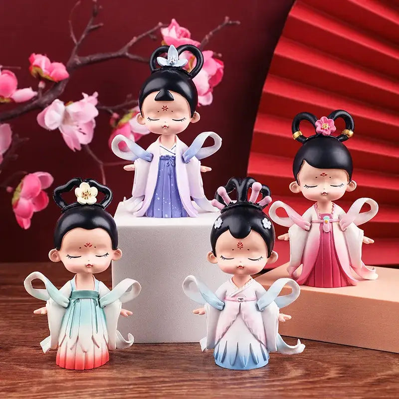 Pink and white hanfu court princess resin statue bookshelf decor