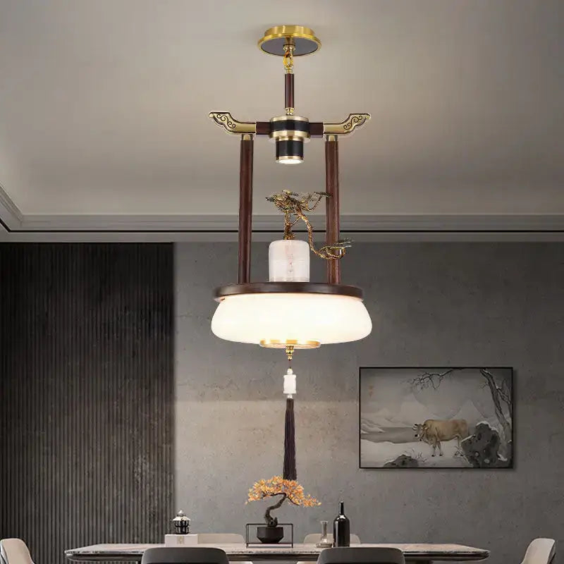 Retro wood and gold chinese lantern chandelier living room light