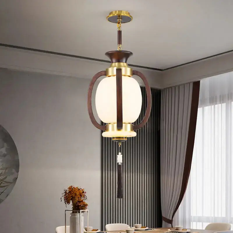 Retro wood and gold chinese lantern chandelier living room light