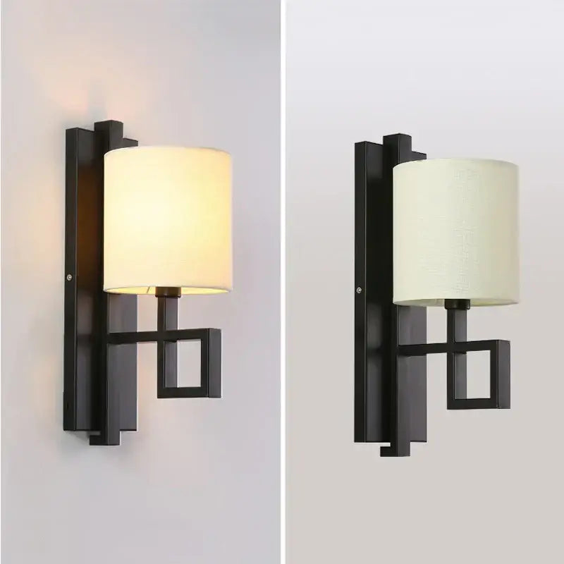 Chinese lantern cloth wall light for bedroom with dark metal sconce