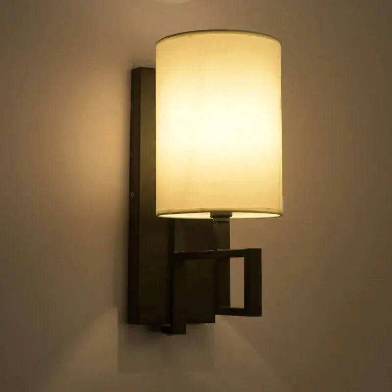 Chinese lantern cloth wall light for bedroom with dark metal sconce