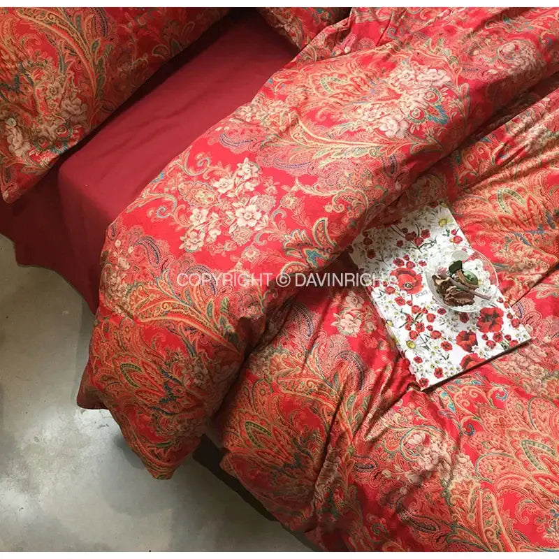 Luxury red & gold satin cotton wedding duvet set for bedroom