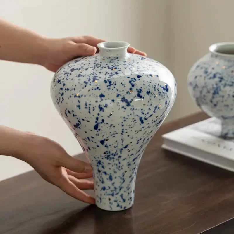 Retro white and blue ceramic vase living room flower decor