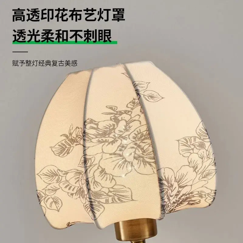 Chinese retro patterned fabric bedside lamp bedroom gold floral decor