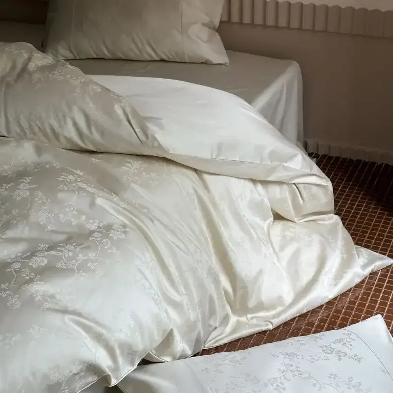Luxury cream and white floral cotton jacquard duvet cover set bedroom