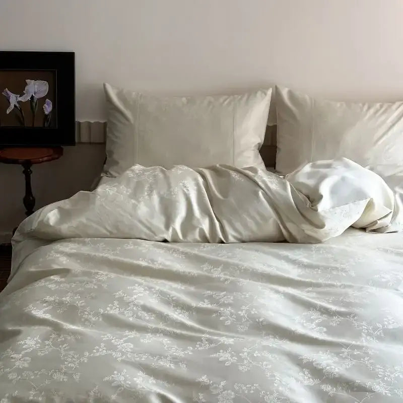 Luxury cream and white floral cotton jacquard duvet cover set bedroom