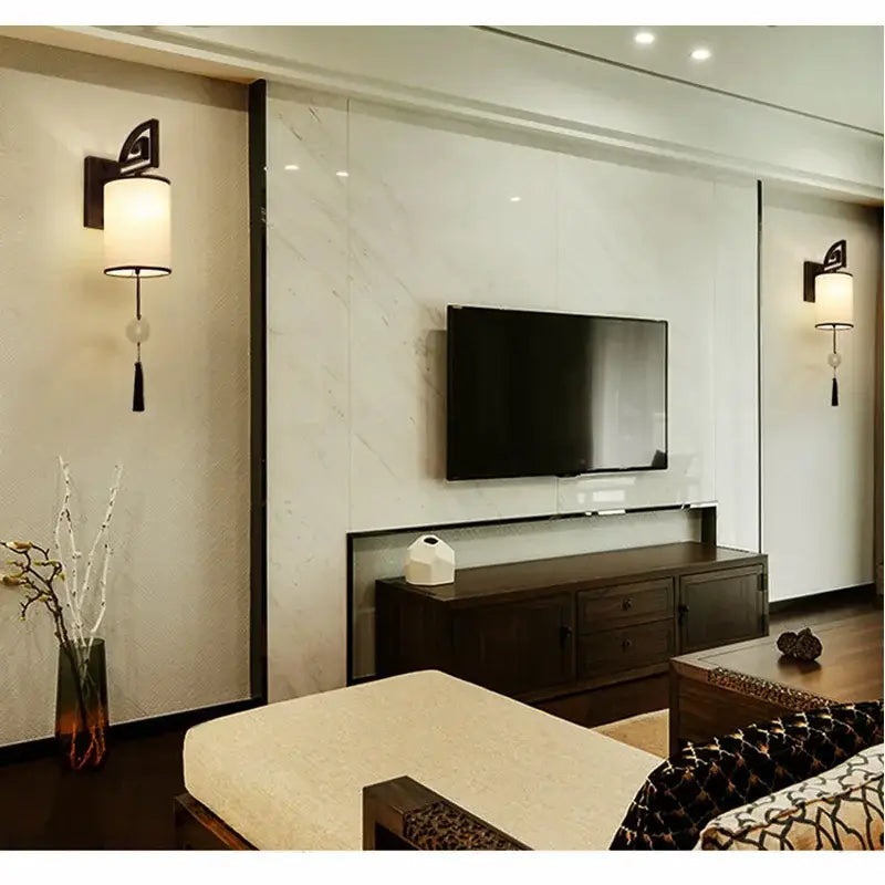 Chinese style black e27 cloth wall sconce living room tassel light