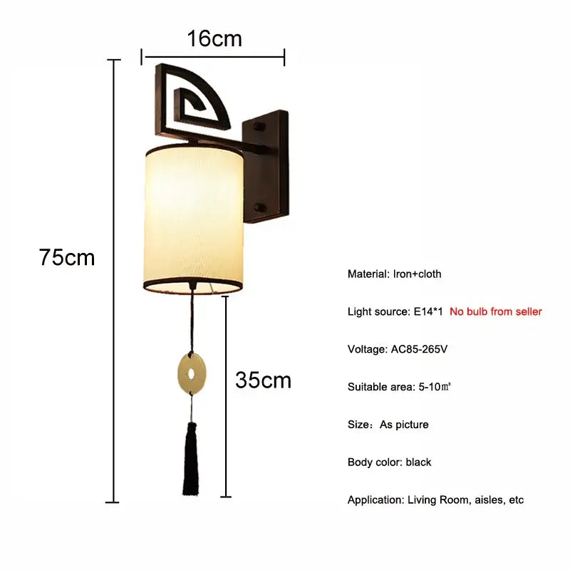 Chinese style black e27 cloth wall sconce living room tassel light
