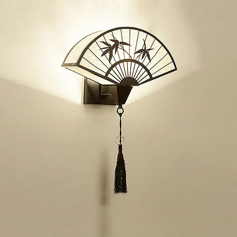 Chinese fan iron art wall lamp living room bamboo leaf sconce