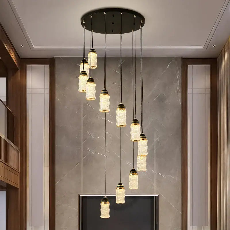 Modern black spiral staircase chandelier with frosted glass for villa