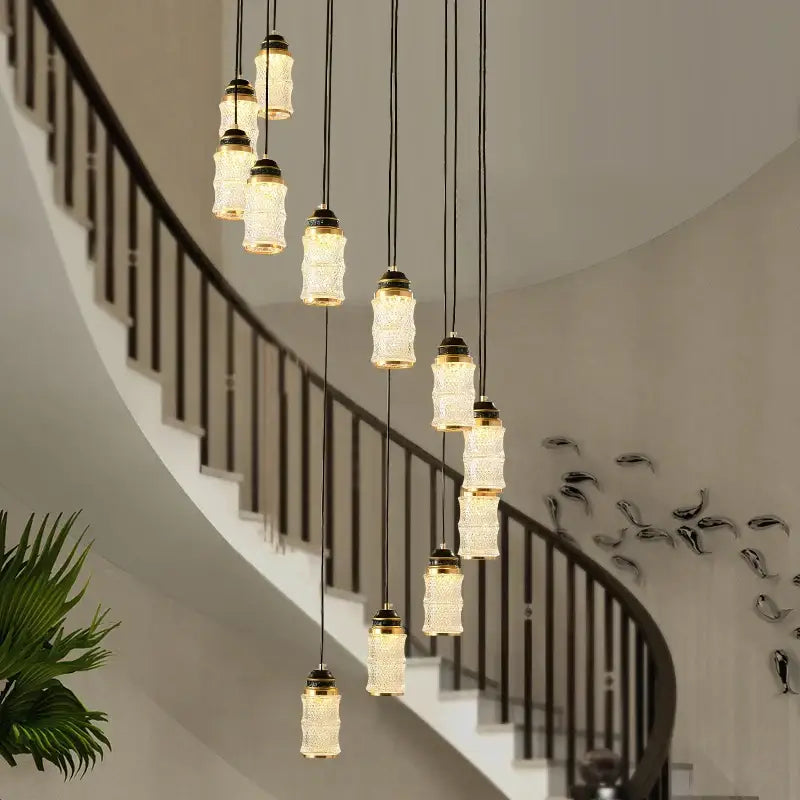 Modern black spiral staircase chandelier with frosted glass for villa