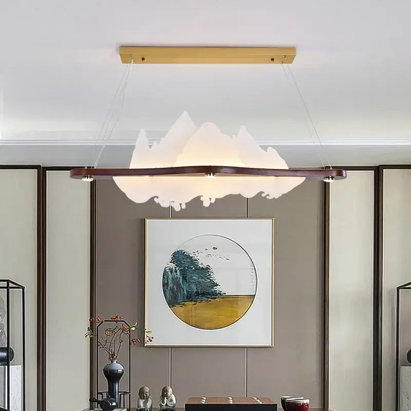 Modern zen wood art chandelier gold mountain light dining room