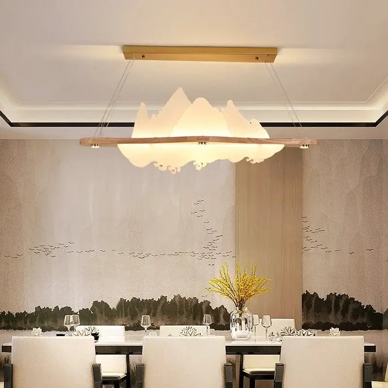 Modern zen wood art chandelier gold mountain light dining room