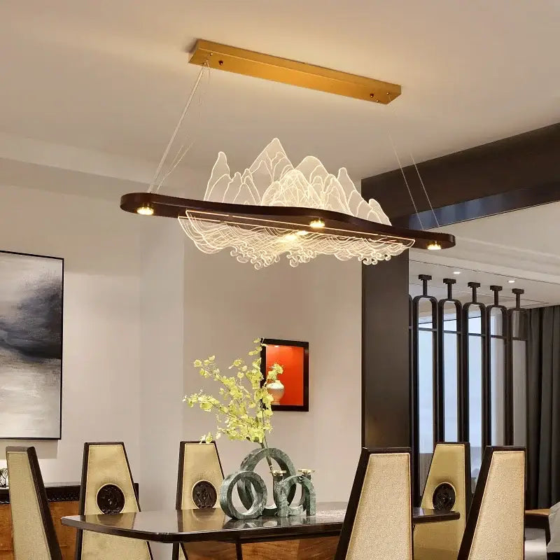 Modern zen wood art chandelier gold mountain light dining room